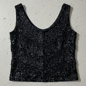 Vintage Hand Full Fashioned Beaded Sequin Wool Top Medium Black Sleeveless